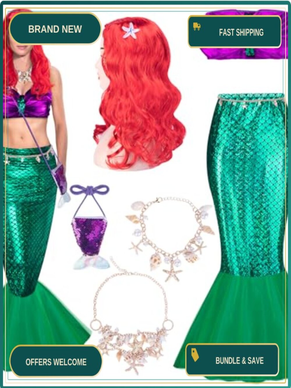 7 Pack Women Mermaid Costume Set Tube Top Skirt Wig Halloween Cosplay